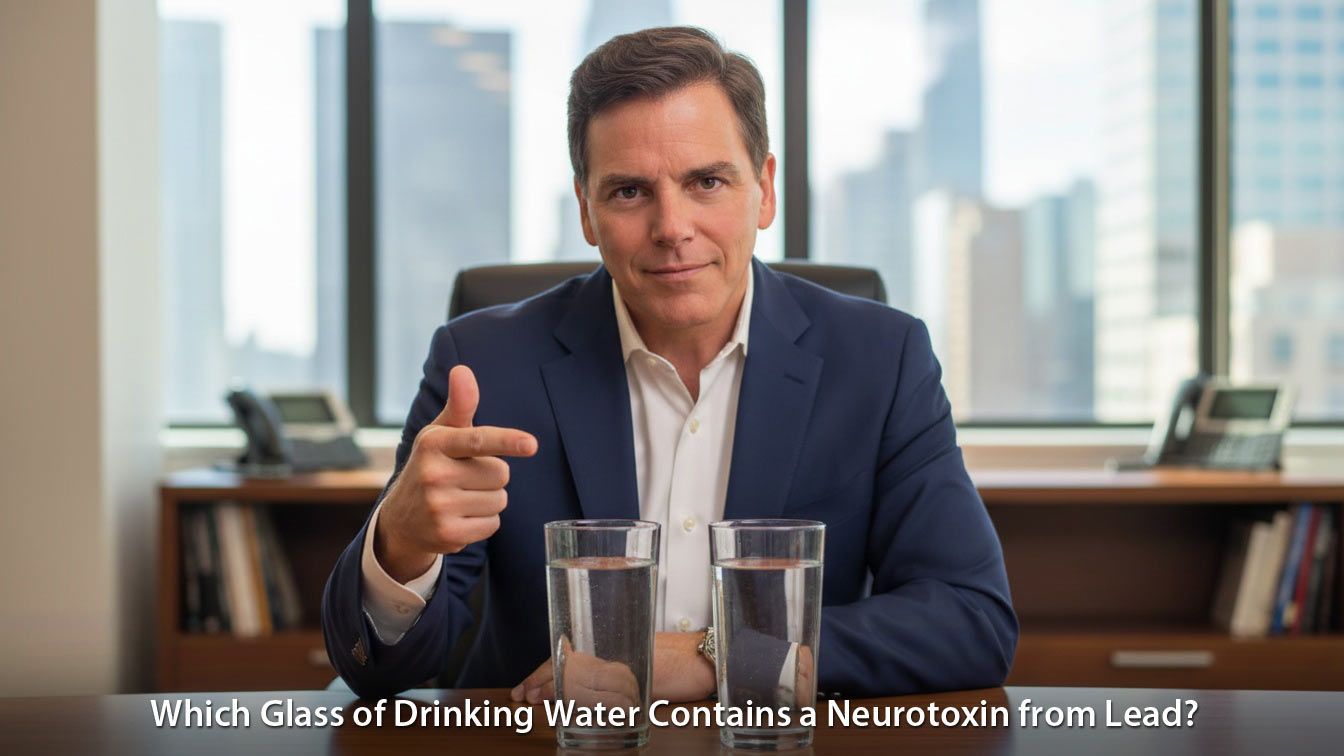 Dr. sits at a desk with two glasses of water, pointing to one and asking about lead contamination.