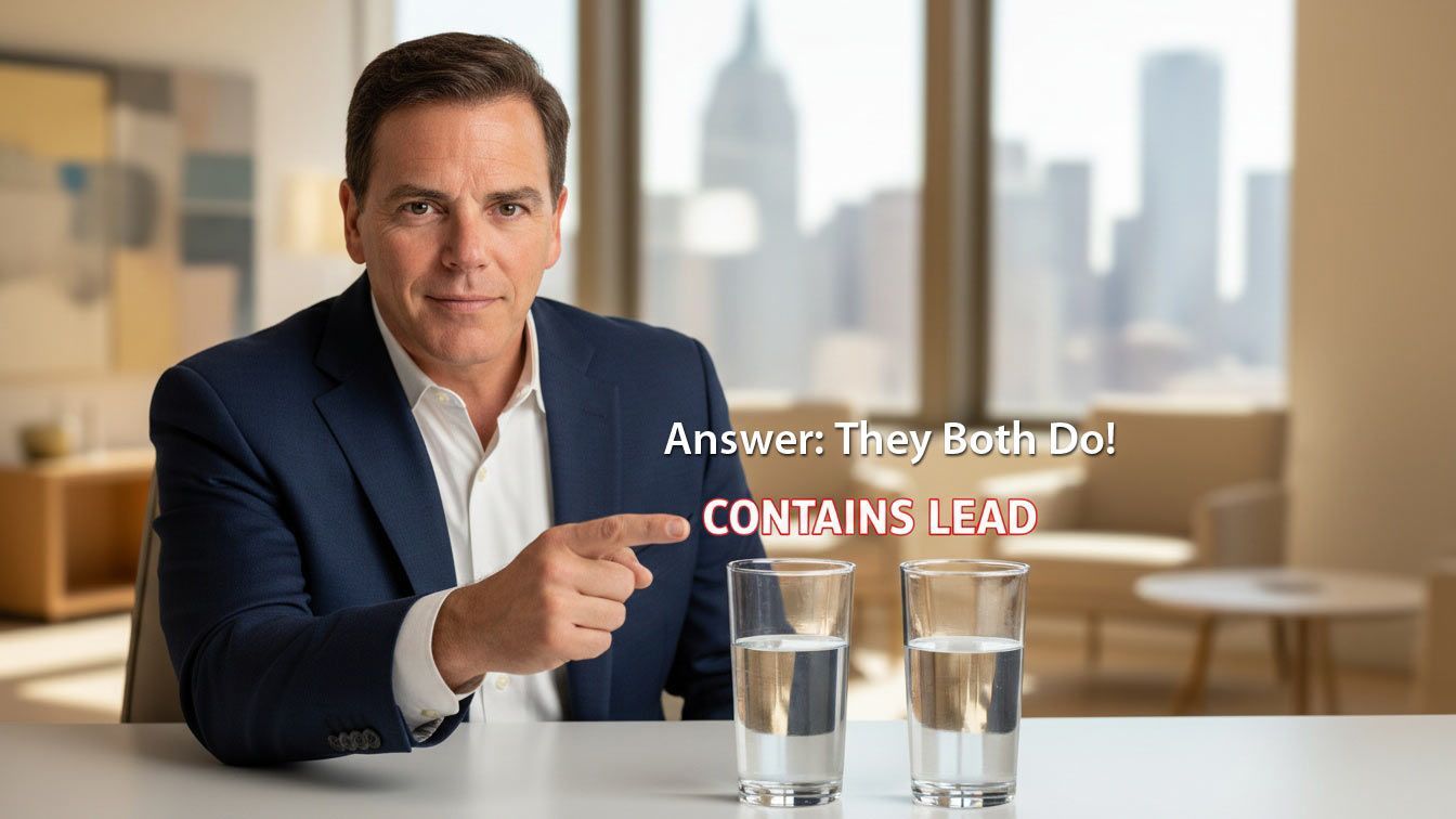Dr. John Salerno points to two glasses of water with text stating they both contain lead.