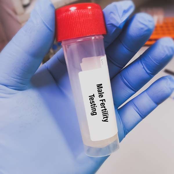 A hand wearing blue gloves is holding a bottle labeled male fertility testing representing Low Sperm Count and Sperm Motility Treatments