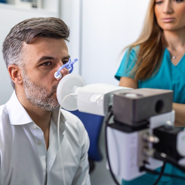 A man is being examined by a nurse while getting a Pulmonary Function Testing (Spirometry)
