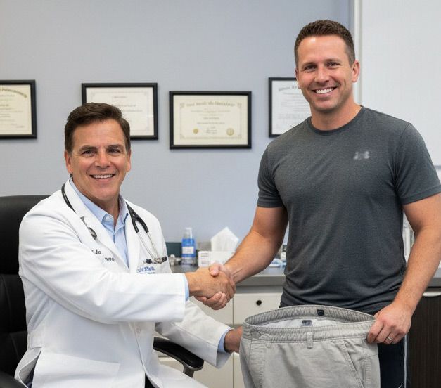 Dr. John Salerno shaking hands with a male patient holding up his old pants showiing his weight loss