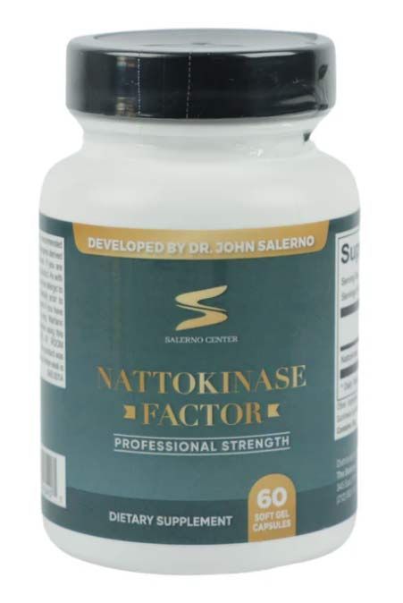 Bottle of Nattokinase Factor supplement, white label, teal and gold accents, 60 capsules to prevent blood clotting