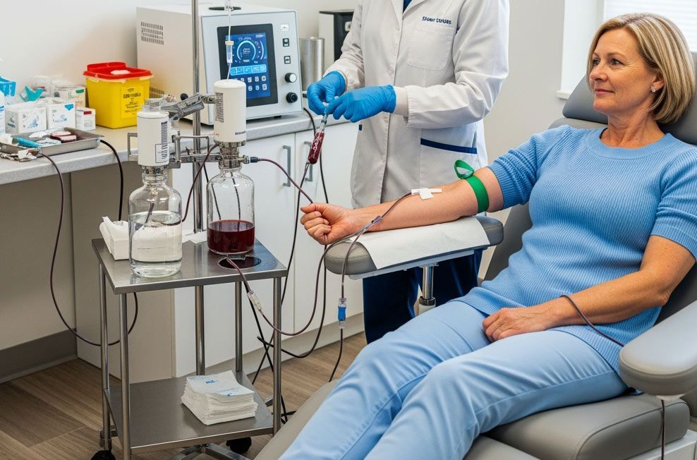 Woman undergoing blood donation or plasma exchange; medical setting; healthcare worker assisting. Ozone Therapy Healing Benefits of a Better Oxygen