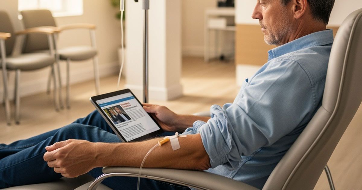 Man in chair receiving IV Ozone Therapy NYC, looking at a tablet indoors.