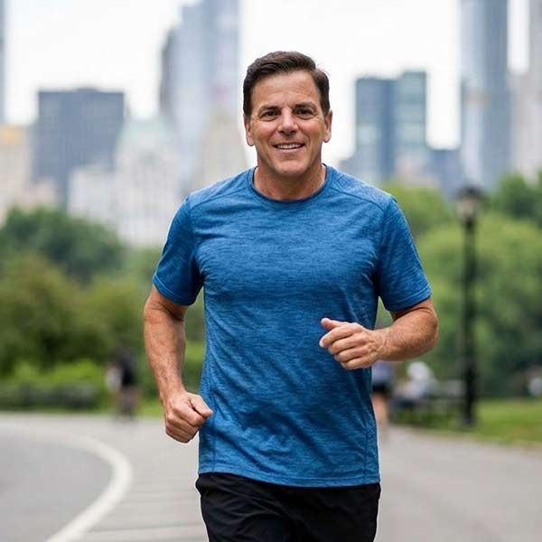 Dr. John Salerno is smiling while jogging along a paved path in a park with a city skyline in the background.
