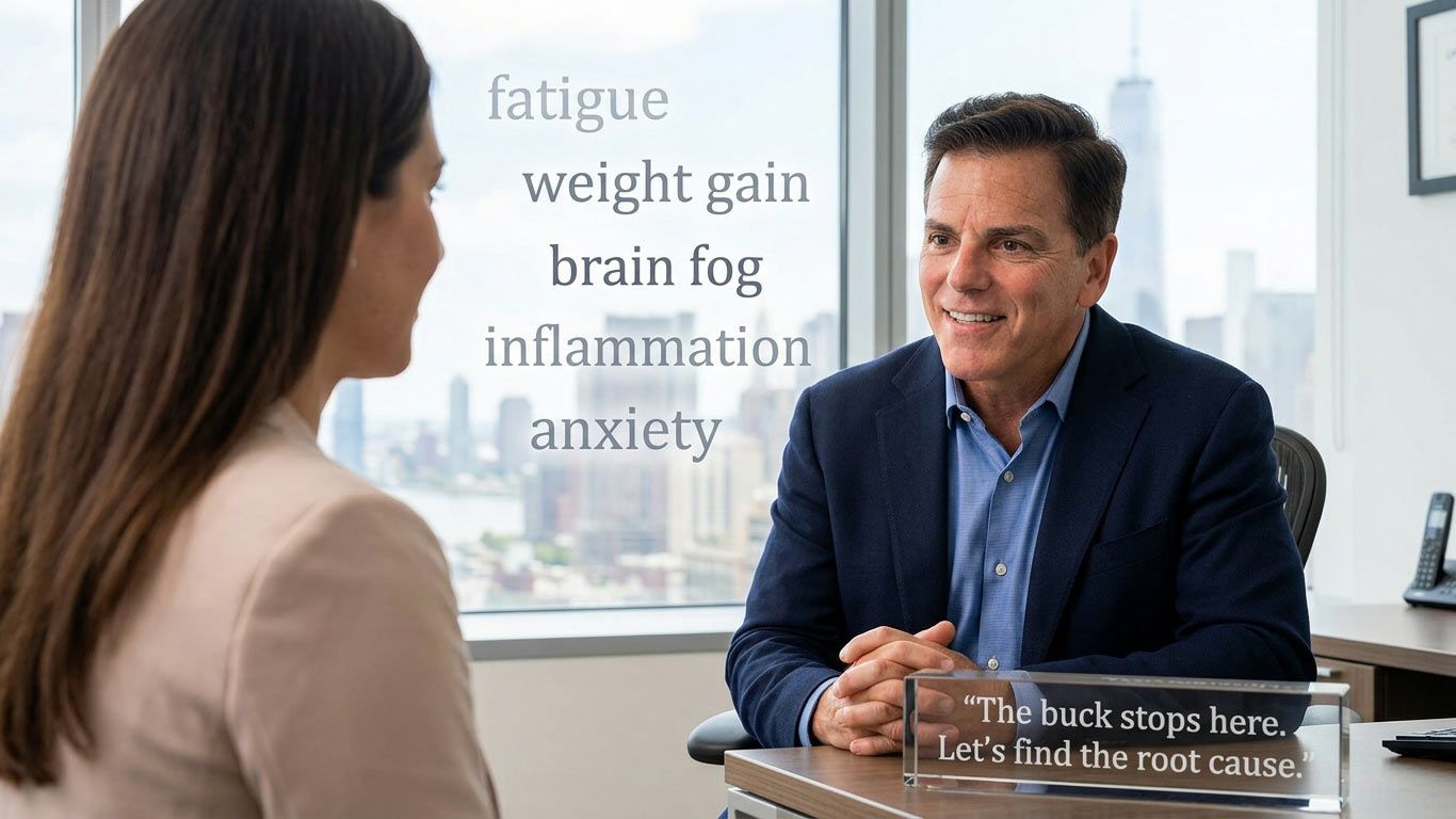 Dr John Salerno explains The Hidden Costs of Symptom Chasing Medicine to a patient