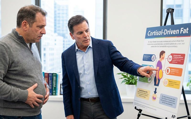 Dr. John Salerno shows a patient how Cortisol-driven fat accumulates in men.