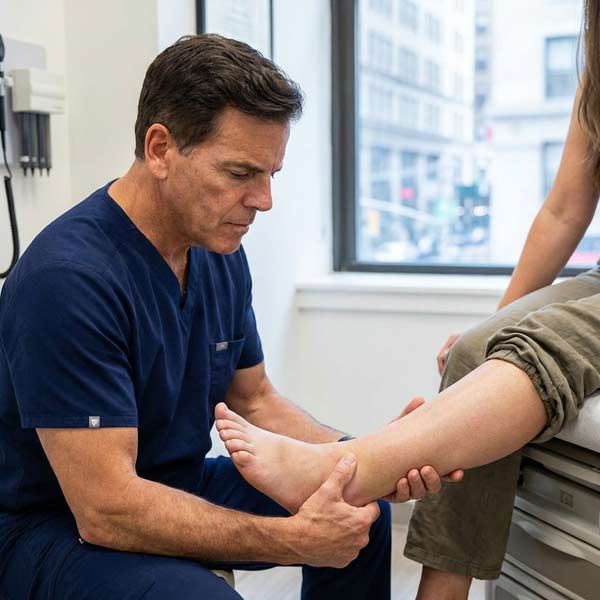 Dr. John Salerno examines a patient’s legs for edema, a cardiovascular symptom characterized by swelling due to excess fluid beneath the skin.