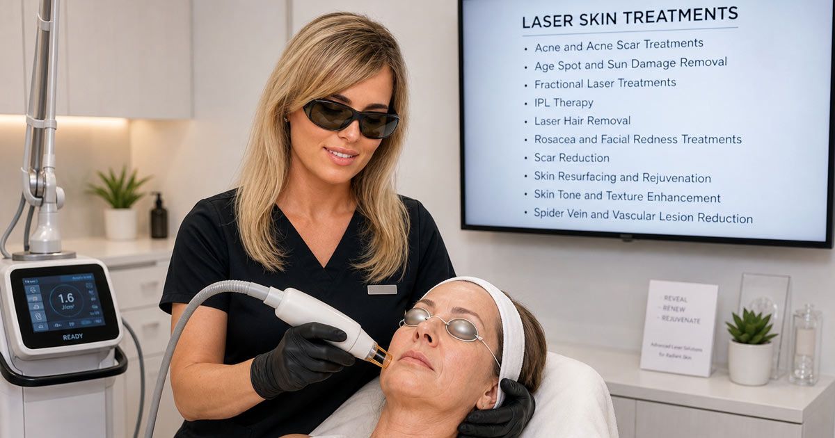 Click to Enlarge Woman performing laser skin rejuvenation NYC treatment on client in a bright room, with a treatment monitor nearby