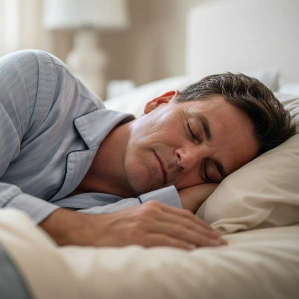 Dr. John Salerno is wearing light blue pajamas and sleeping peacefully on their side in a bed with soft white linens.