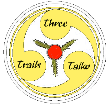 Emblem with yellow curves and circles, red center, text: