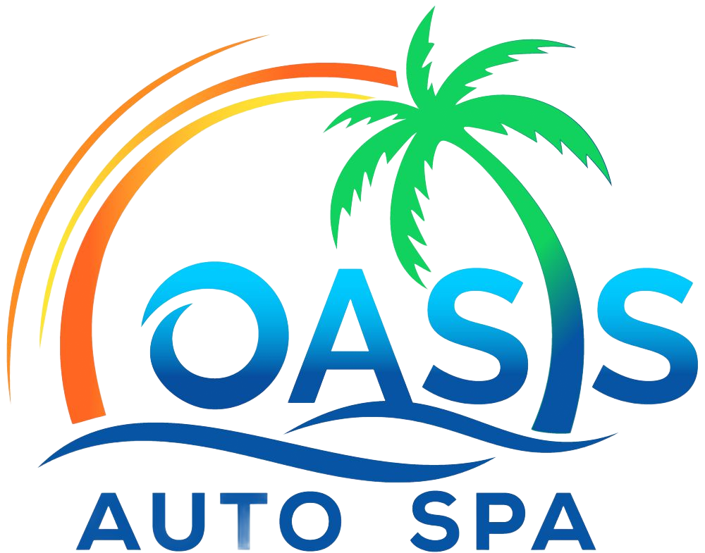 Logo for Oasis Auto Spa: palm tree, blue and white text over water, rainbow arch.