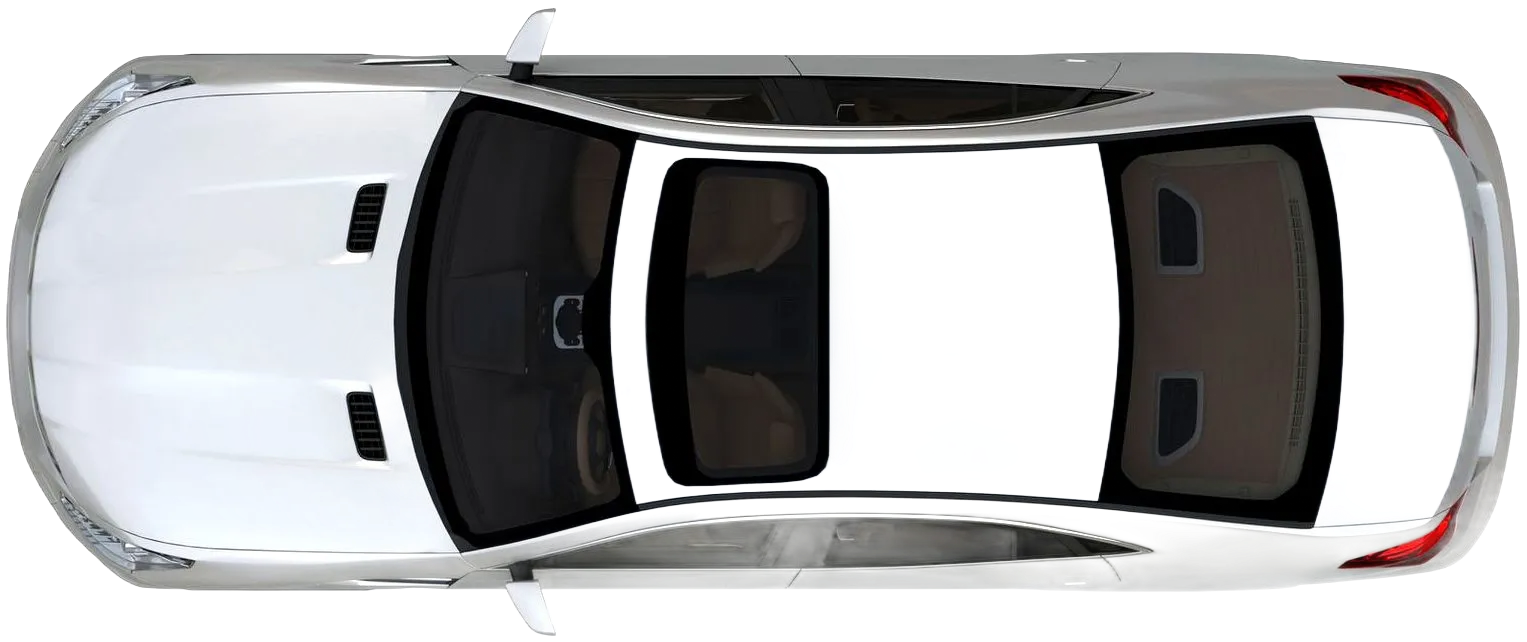 Top-down view of a white car with a sunroof, parked on a surface.