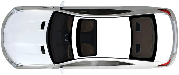 Top-down view of a white car with a sunroof, parked on a surface.