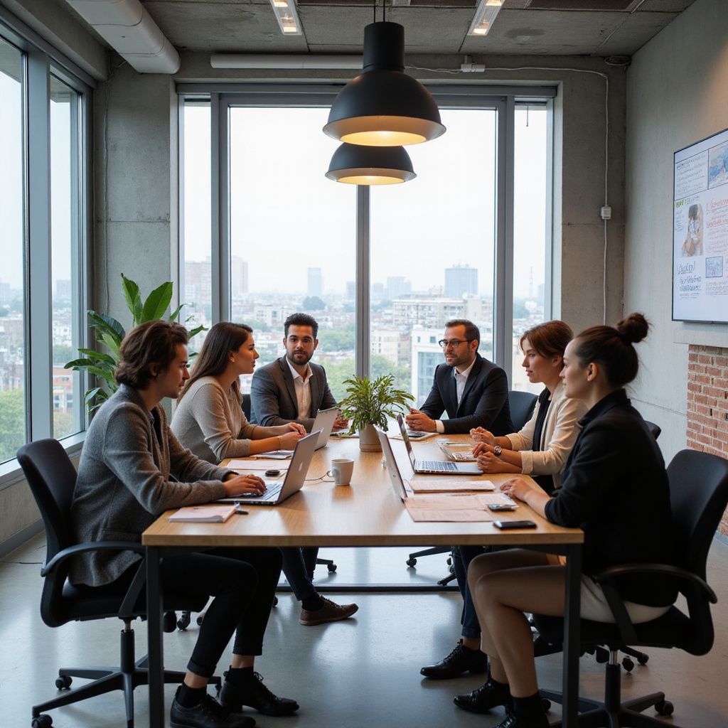 Mensen in zakelijke kleding zitten aan een vergadertafel en werken op laptops. Door de ramen is een stadsgezicht te zien.
