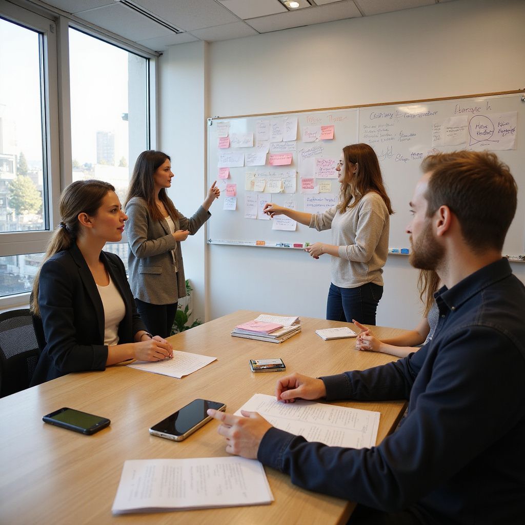 Mensen in een vergadering bekijken aantekeningen op een whiteboard. Een vrouw wijst naar het whiteboard, anderen kijken toe.