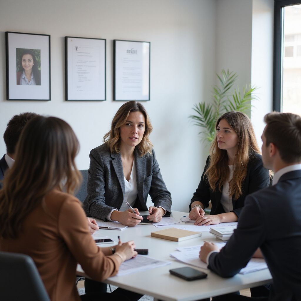 Mensen in zakelijke kleding zitten rond een tafel en voeren een gesprek.