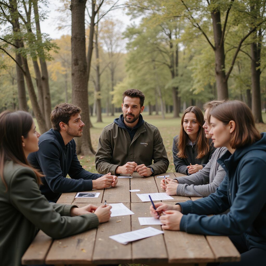 Een groep mensen zit aan een houten tafel in een park en is in gesprek. Papieren en pennen zijn zichtbaar.