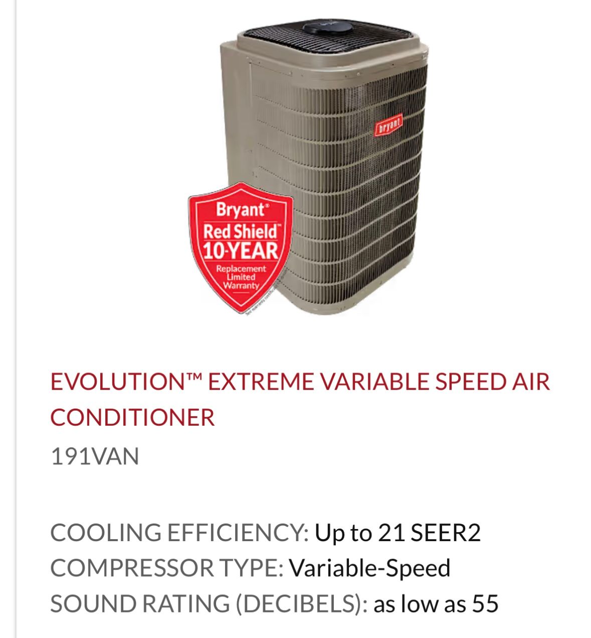 A picture of a bryant red shield 10 year extreme variable speed air conditioner.