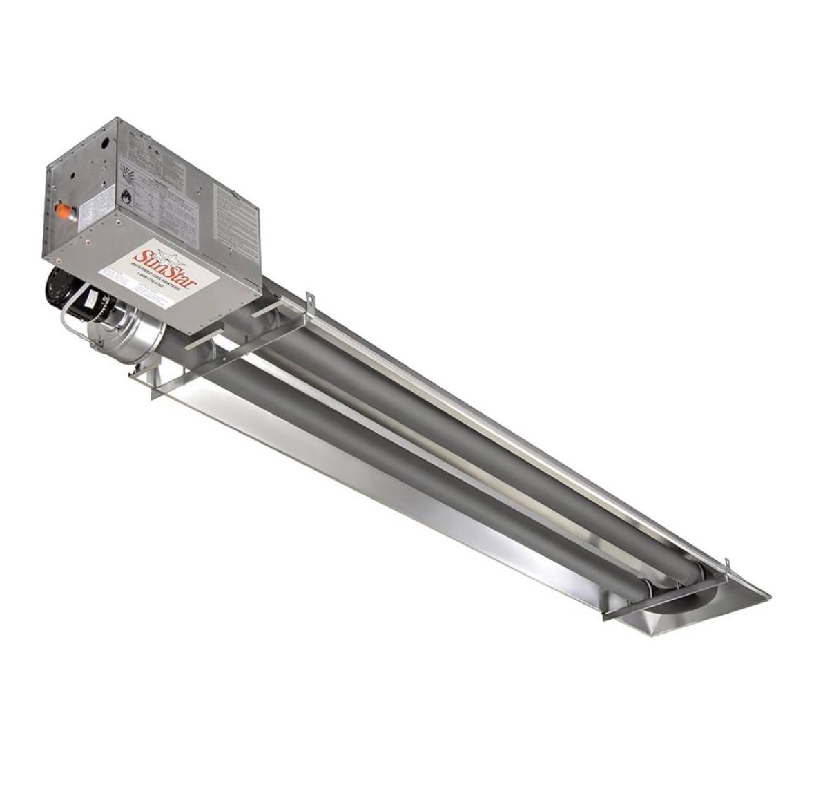 A picture of a stainless steel heater on a white background.