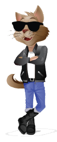 A cartoon cat wearing sunglasses and a leather jacket is standing with his arms crossed.