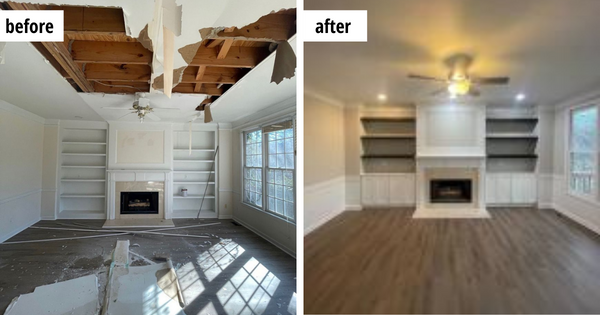 Water damage cleanup before and after photo by R Squared Restoration & Remodeling