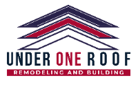 Logo for Under One Roof, a remodeling and building company. Features three layered roof shapes: blue, red, white. Black text.