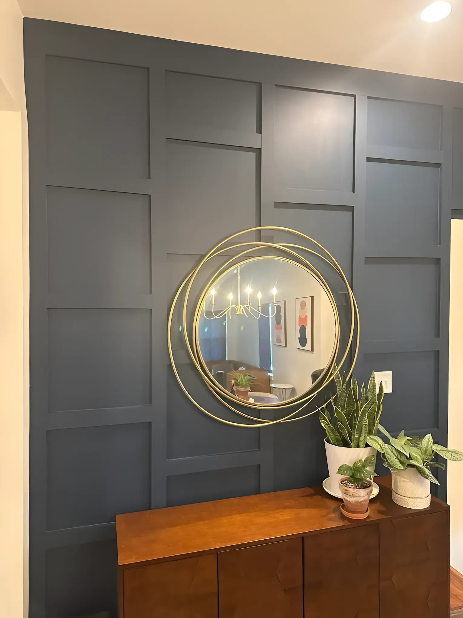 Dark blue paneled wall with a gold circular mirror and a wooden cabinet with plants.