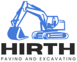 The logo for hirth paving and excavating has a blue excavator on it.