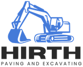 The logo for hirth paving and excavating has a blue excavator on it.