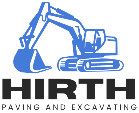 The logo for hirth paving and excavating has a blue excavator on it.