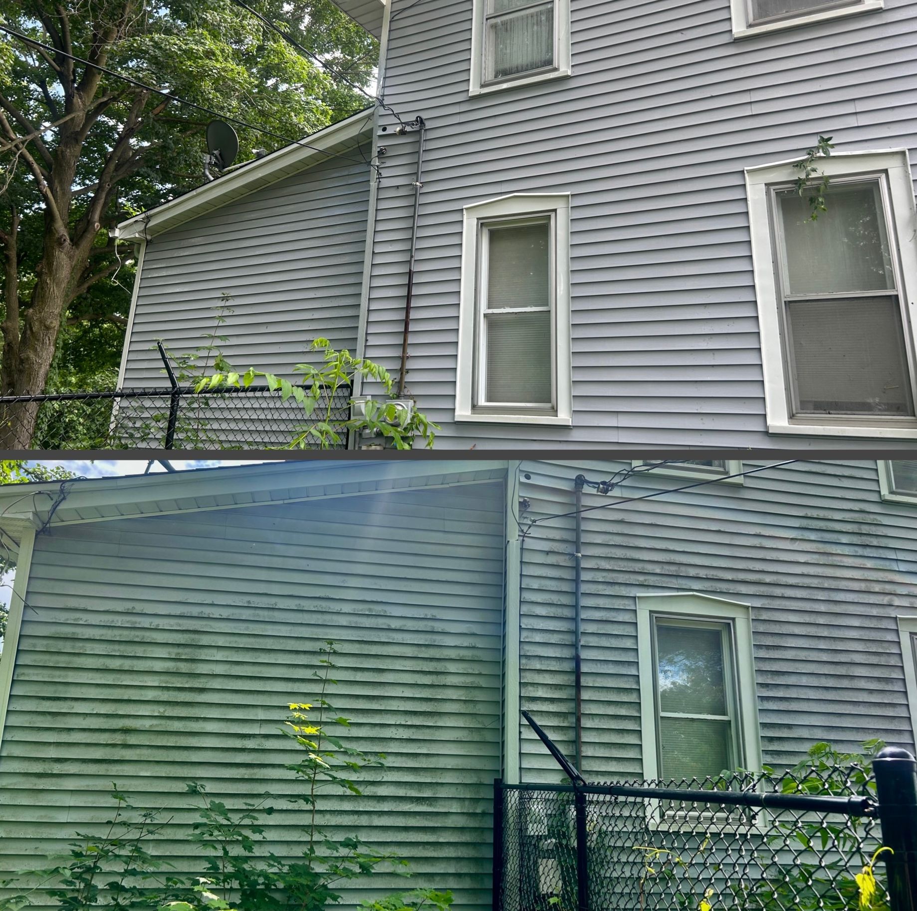 Top: a weathered, dirty gray house side. Bottom: the same house side, cleaned and gray.