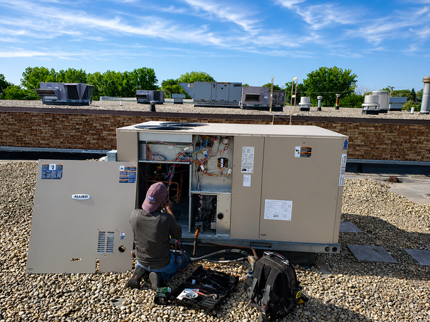 Worker kneels beside HVAC units on a rooftop, with a toolbox and residential buildings in the background.