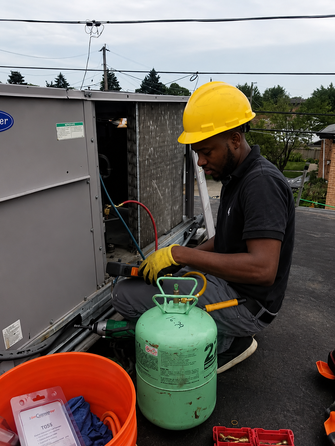 Worker in yellow hard hat and gloves inspecting equipment beside a green gas cylinder on a rooftop.