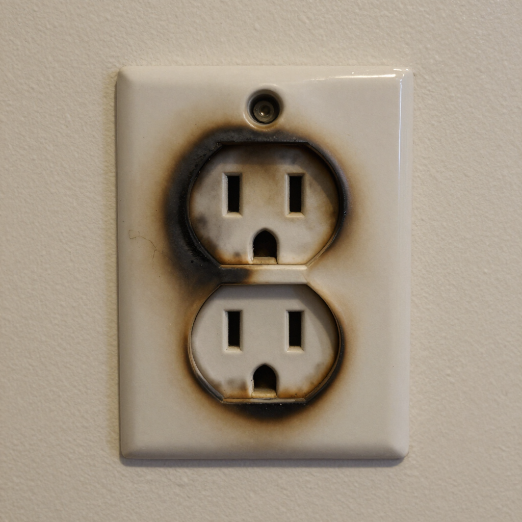 Wall outlet with two scorched electrical sockets on a white plate
