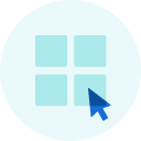 Blue four-square grid icon with a cursor pointer on a light background