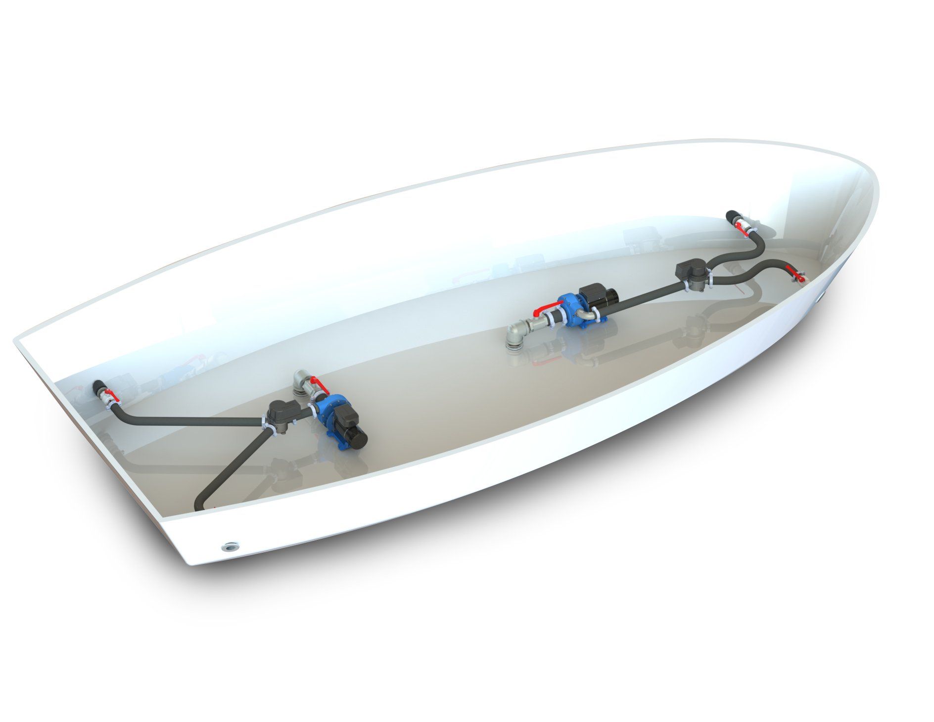 Artist impression of two Jet Thruster  Single systems installed to the bow AND stern of a yacht. Pump units, flexible hoses, diverter valves and nozzle sections clearly visible