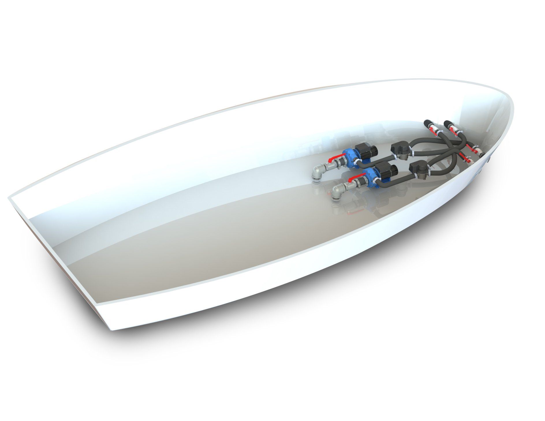 Artist impression of two Jet Thruster  Single systems installed to the bow of a yacht. Pump units, flexible hoses, diverter valves and nozzle sections clearly visible