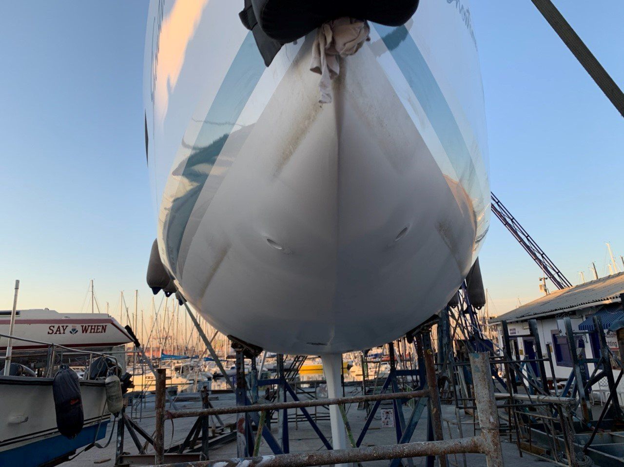 Underside of a sailing yacht with Jet Thruster nozzles present in the bow, offering a clear picture wehre these Nozzles are located and how close to the water line the can be