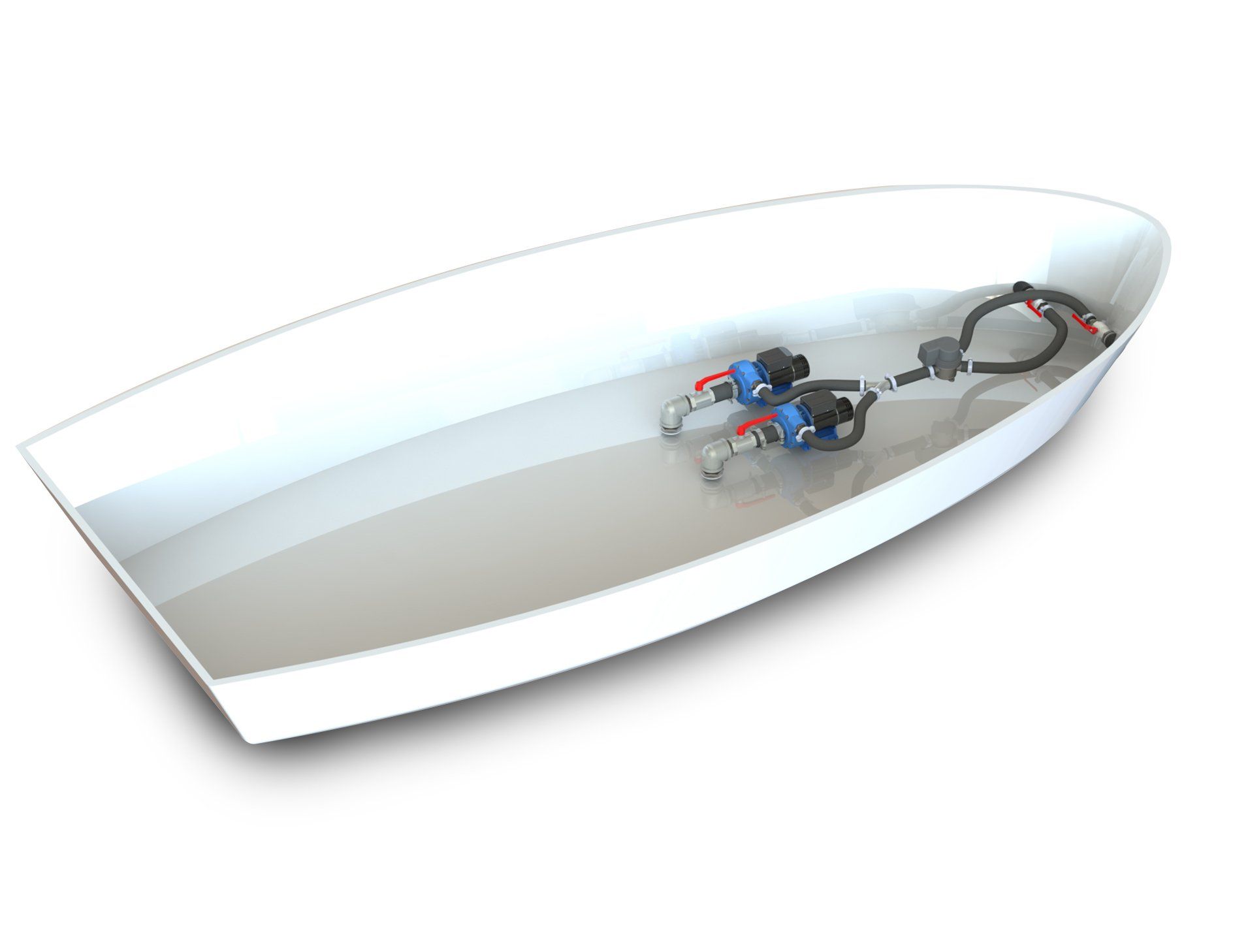Artist impression of two Jet Thruster  JT90 Single systems installed to the bow of a yacht. Pump units, flexible hoses, diverter valves and nozzle sections clearly visible.