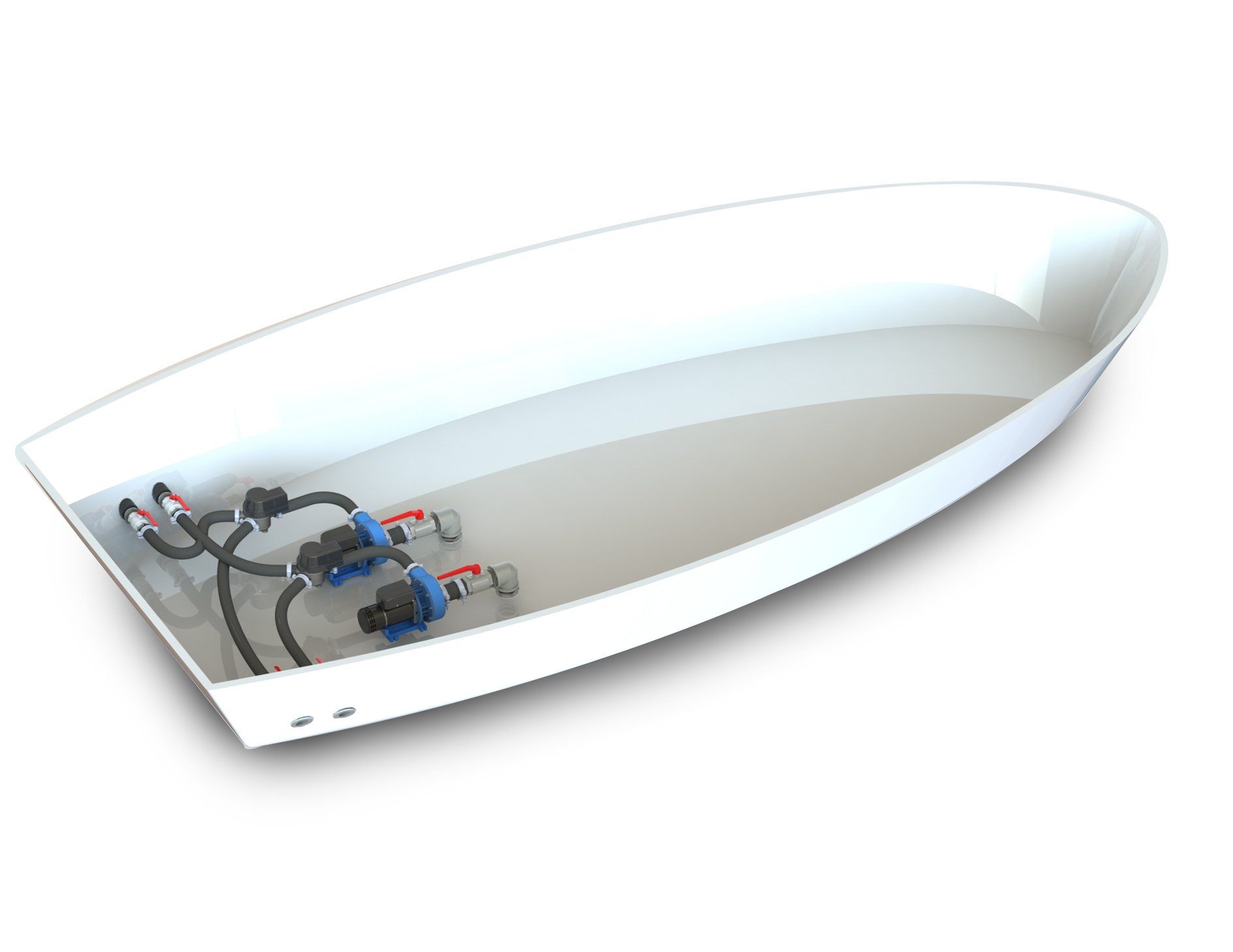 Artist impression of two Jet Thruster  JT90 Single systems installed to the stern of a yacht. Pump units, flexible hoses, diverter valves and nozzle sections clearly visible.