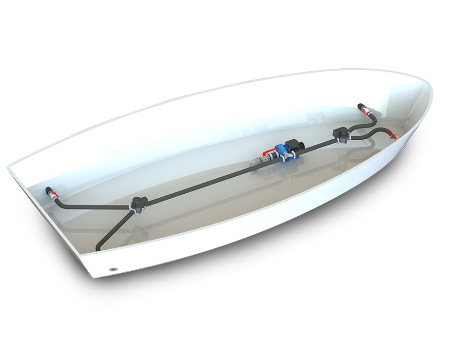 Jet Thruster JT30 Combi installation, Bow or stern in yacht bow, showcasing pump unit, flexible hose, diverter valve, nozzle, and dual power unit for enhanced thrust control; ideal for water skiing boats, sail yachts up to 32ft, and RIBs up to 25ft.