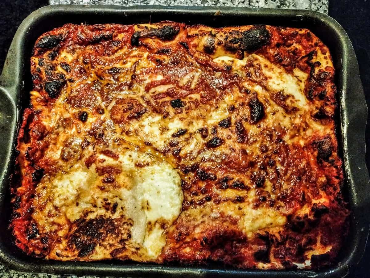 Lasagna baked in a tray