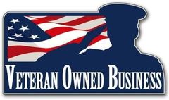 A veteran owned business logo with an american flag and a soldier saluting