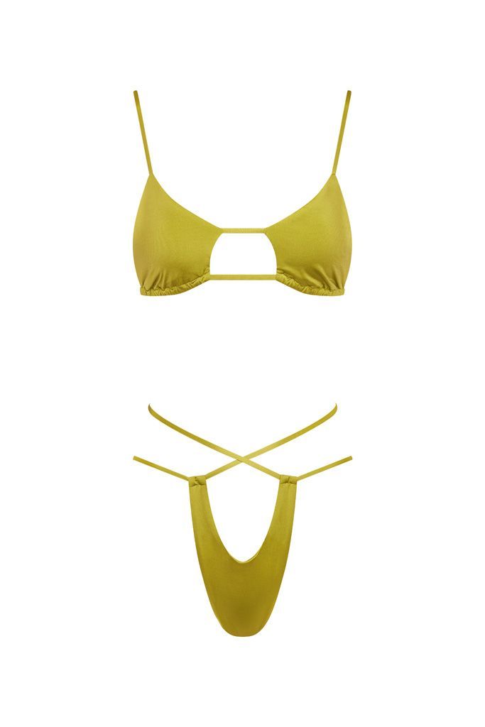 A yellow bikini top and bottom on a white background.