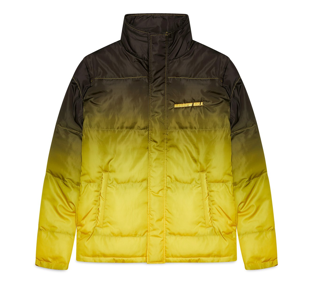 A yellow and black puffer jacket with a collar