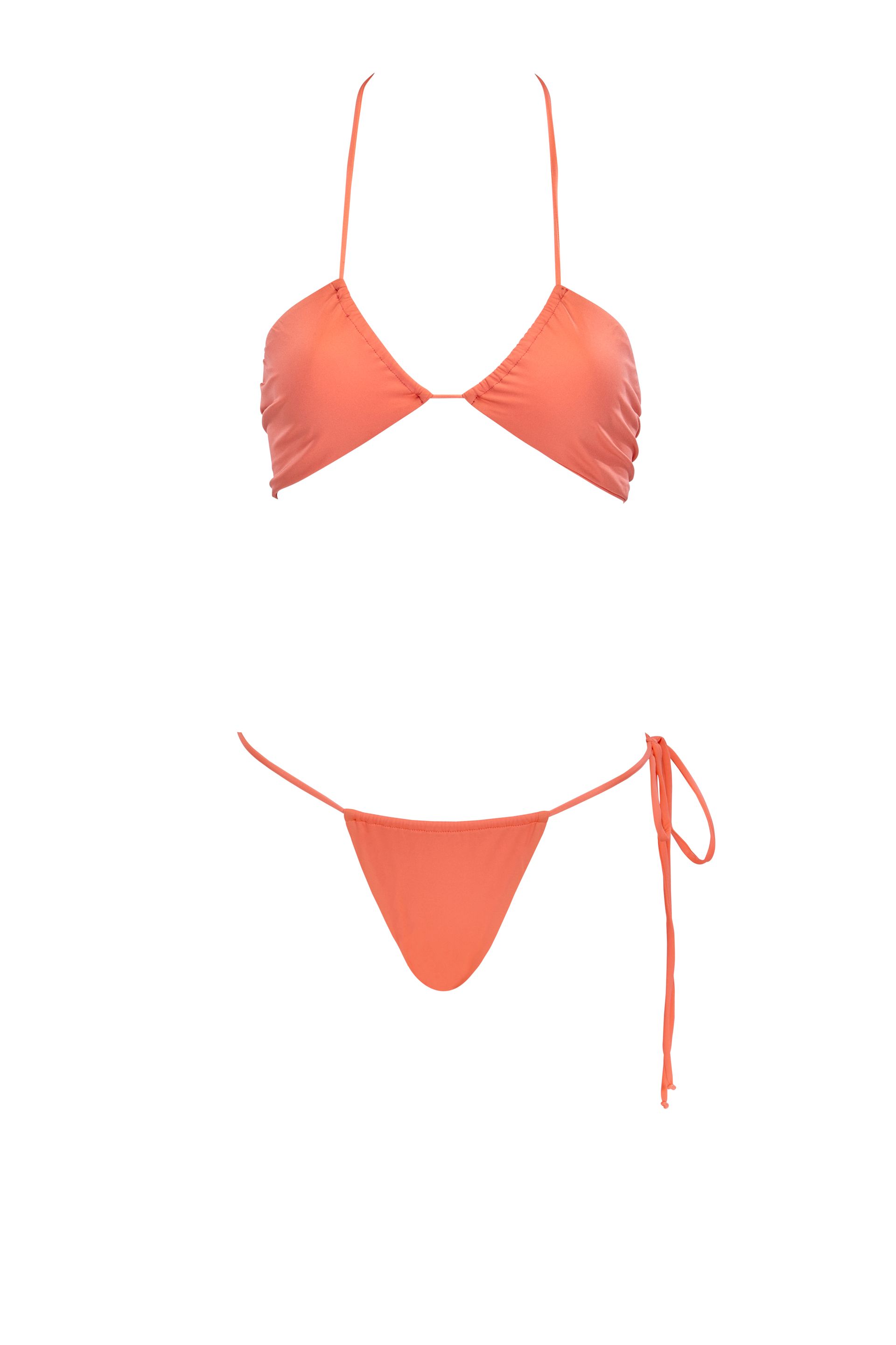 A red bikini top and bottom on a white background.