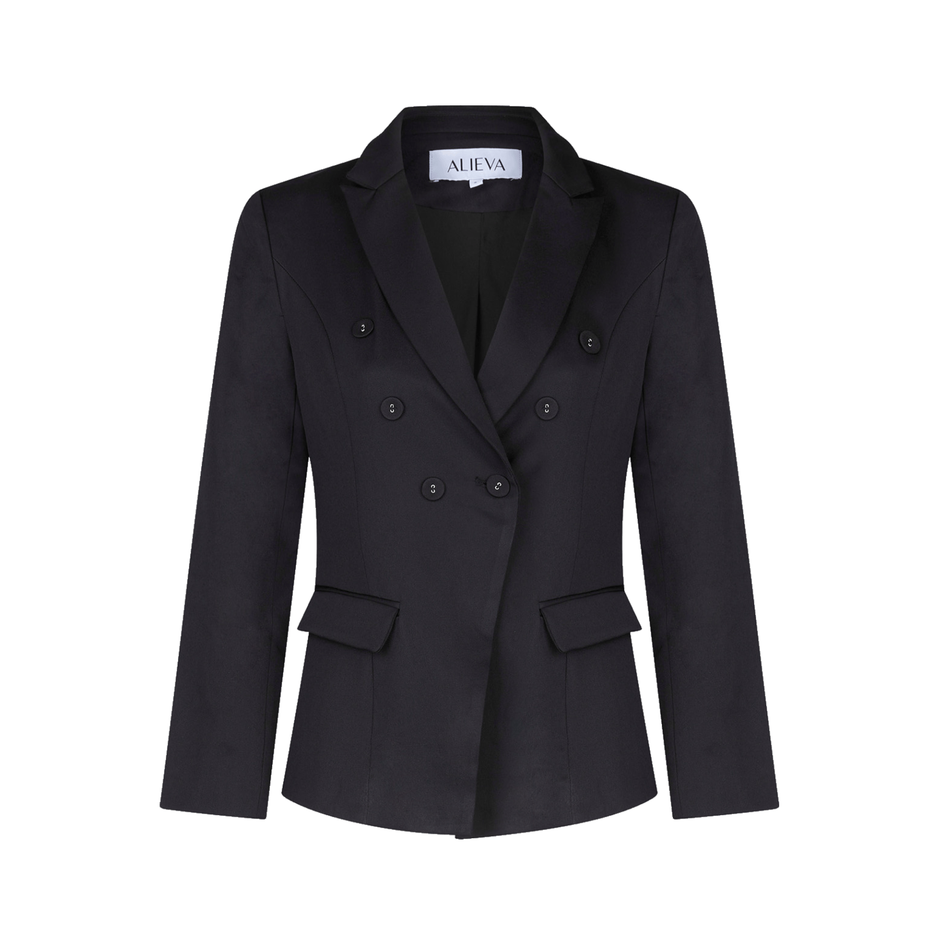 A black blazer with long sleeves and buttons on a white background