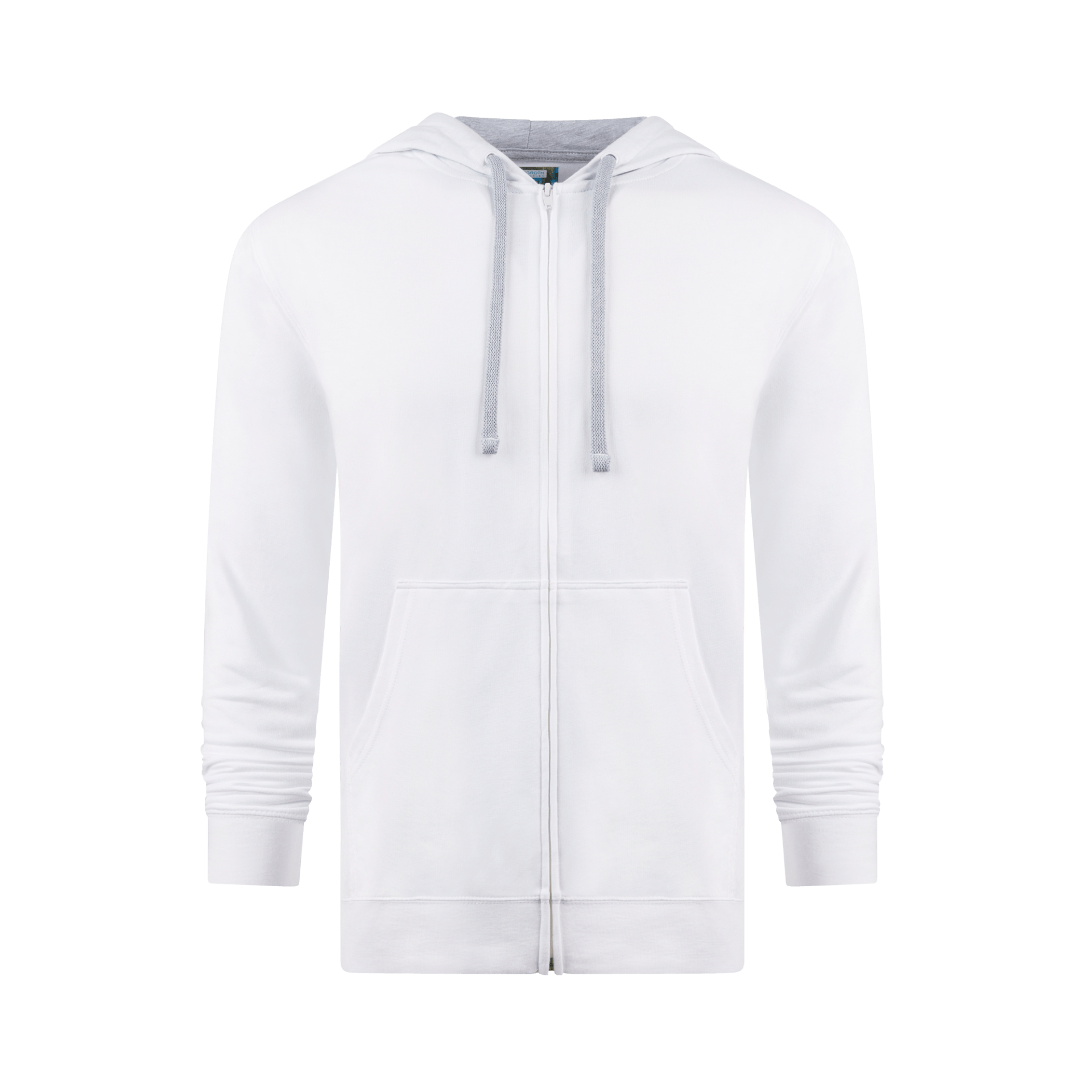 A white hoodie with a zipper and a hood on a white background.
