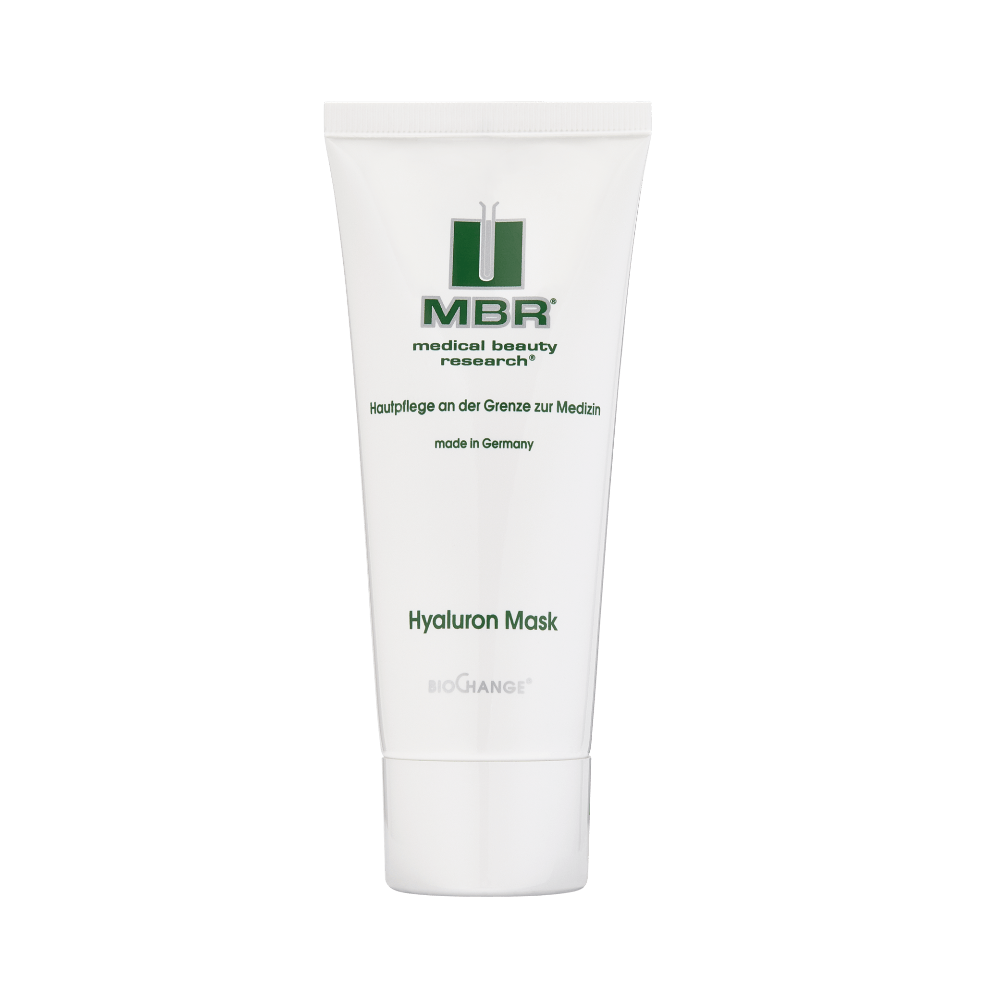 A tube of mbr hyaluron mask on a white background